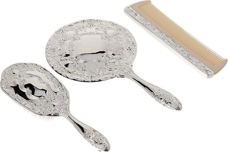Kingsley 3-Piece Silver Chrome Vanity Set with Comb, Brush, and Mirror - Image 3